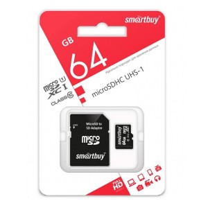 Карта памяти micro SD 64Gb SmartBuy class 10 с адаптером