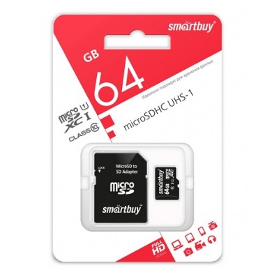 Карта памяти micro SD 64Gb SmartBuy class 10 с адаптером